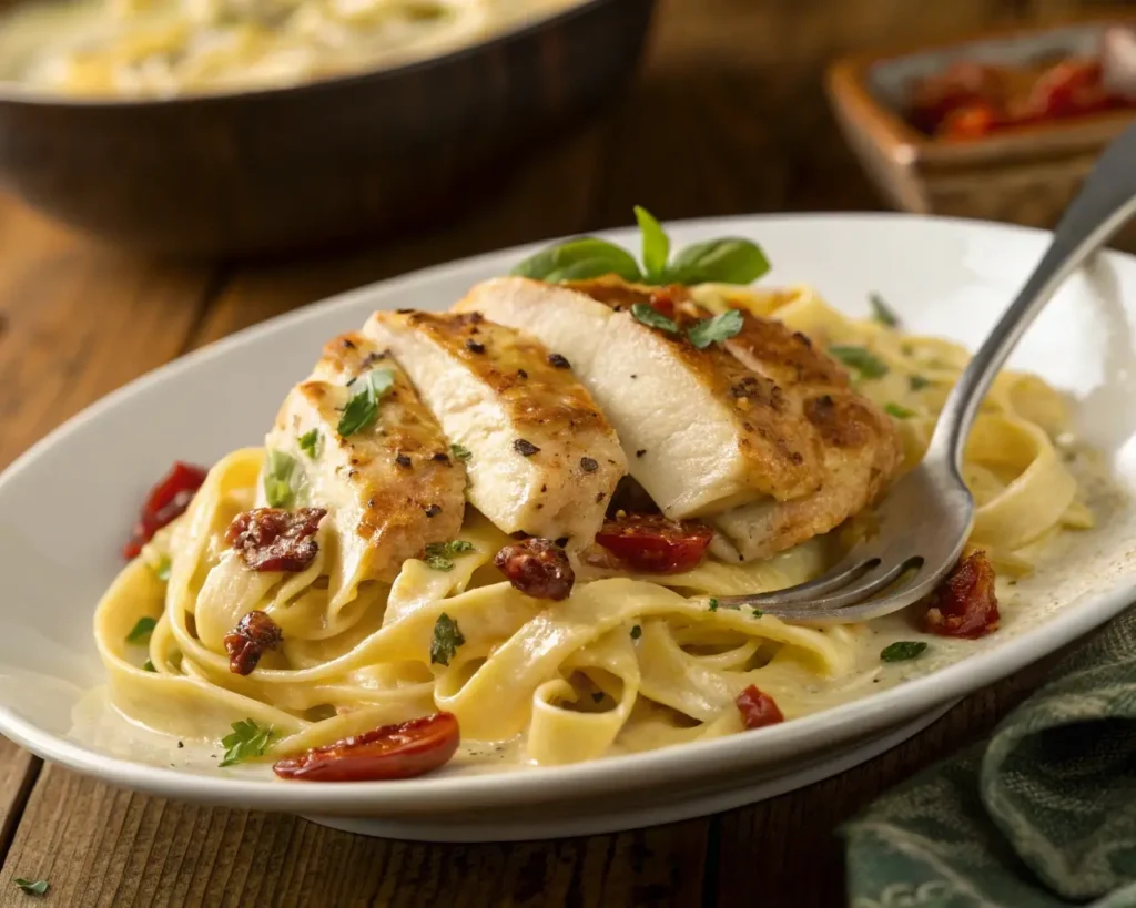 Marry Me Chicken Pasta served on a white plate with creamy garlic parmesan sauce, juicy chicken, and sun-dried tomatoes.