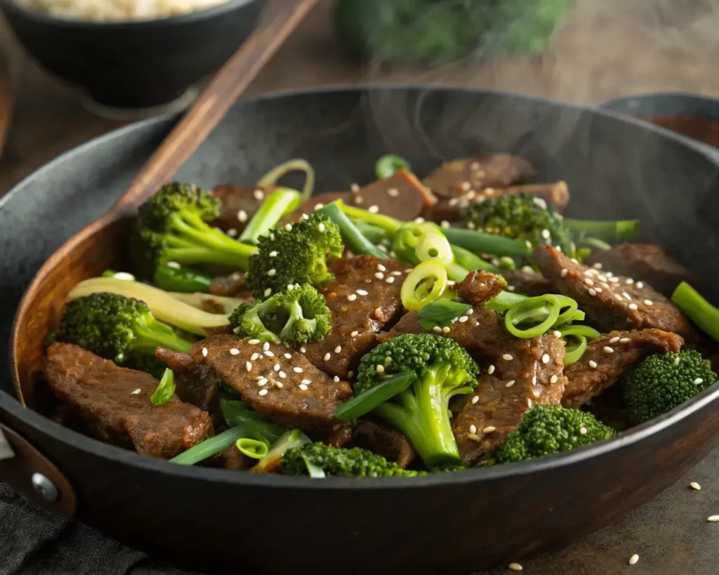 Beef and Broccoli Recipe stir-fry in a wok with tender beef and crisp broccoli.