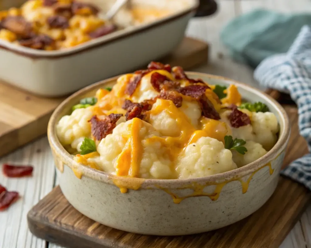 Loaded Cauliflower Mac and Cheese served in a bowl with crispy bacon and melted cheese