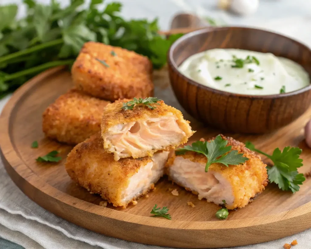 A close-up shot of crispy, golden-brown salmon bites served on a wooden plate, garnished with fresh parsley and a side of creamy garlic aioli. The texture should be detailed, showing a crispy outer layer and a tender, flaky inside. Soft natural lighting enhances the dish's appetizing look.