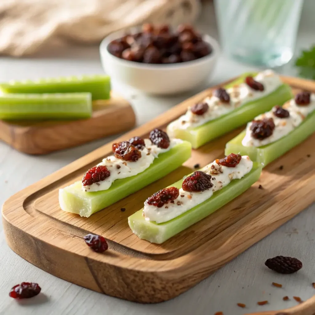 Ants on a Log Recipe with Cream Cheese – Celery sticks filled with cream cheese and raisins, served on a wooden board.