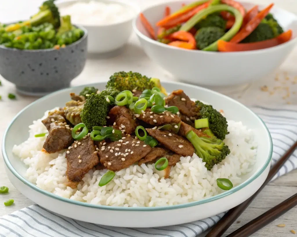 A plate of Beef and Broccoli Recipe served with rice and garnished with sesame seeds.