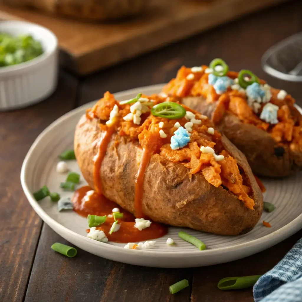 "Buffalo chicken stuffed sweet potatoes"