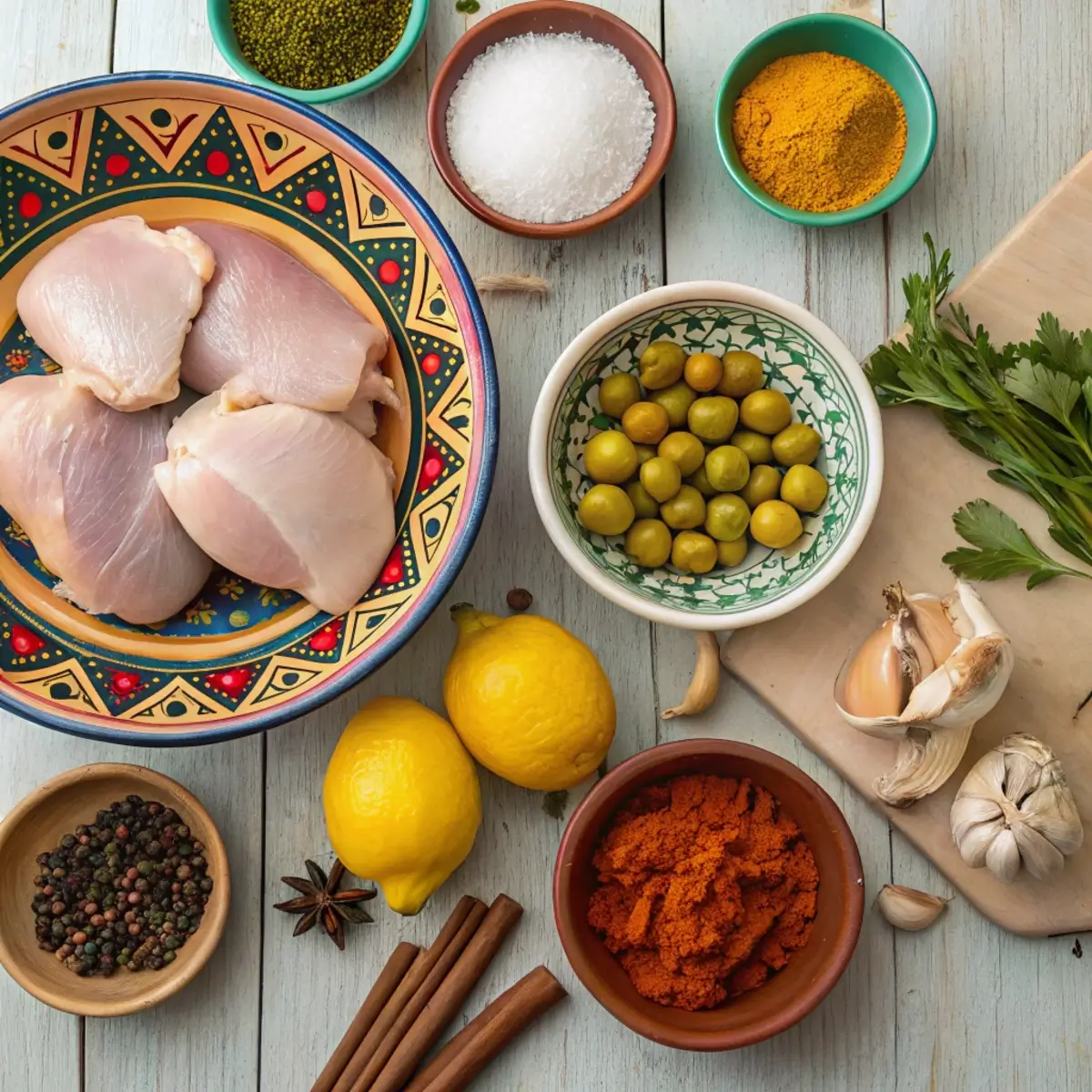 Ingredients for a chicken tagine recipe, including spices, chicken, preserved lemons, and olives.