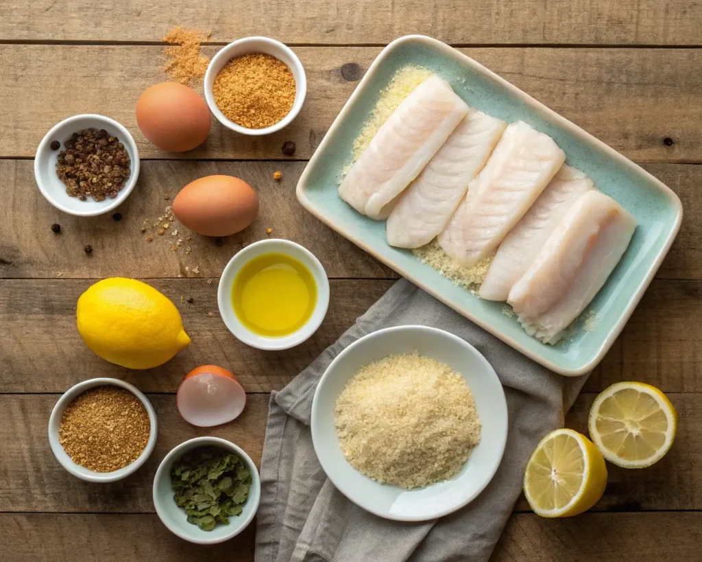 Crispy Air Fryer Fish ingredients arranged on a wooden table