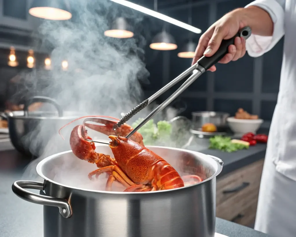 Cooking lobster for Creamy Lobster Thermidor Recipe in a stainless steel pot