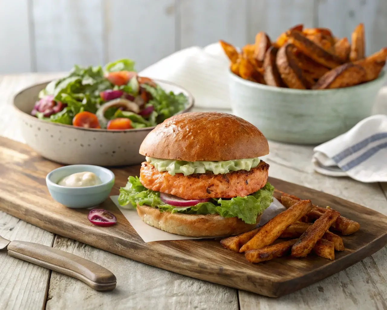 Canned Salmon Burger Recipe – A delicious salmon burger with sweet potato fries and salad.