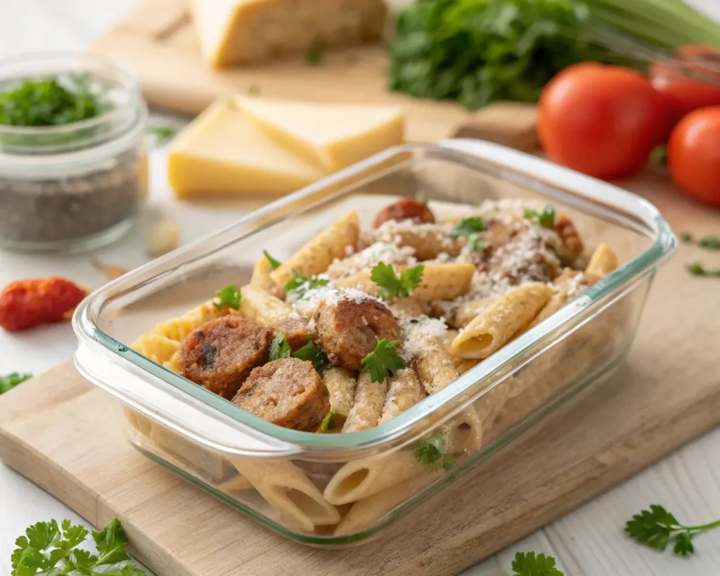 Chicken Sausage Pasta meal prep container with Parmesan and parsley