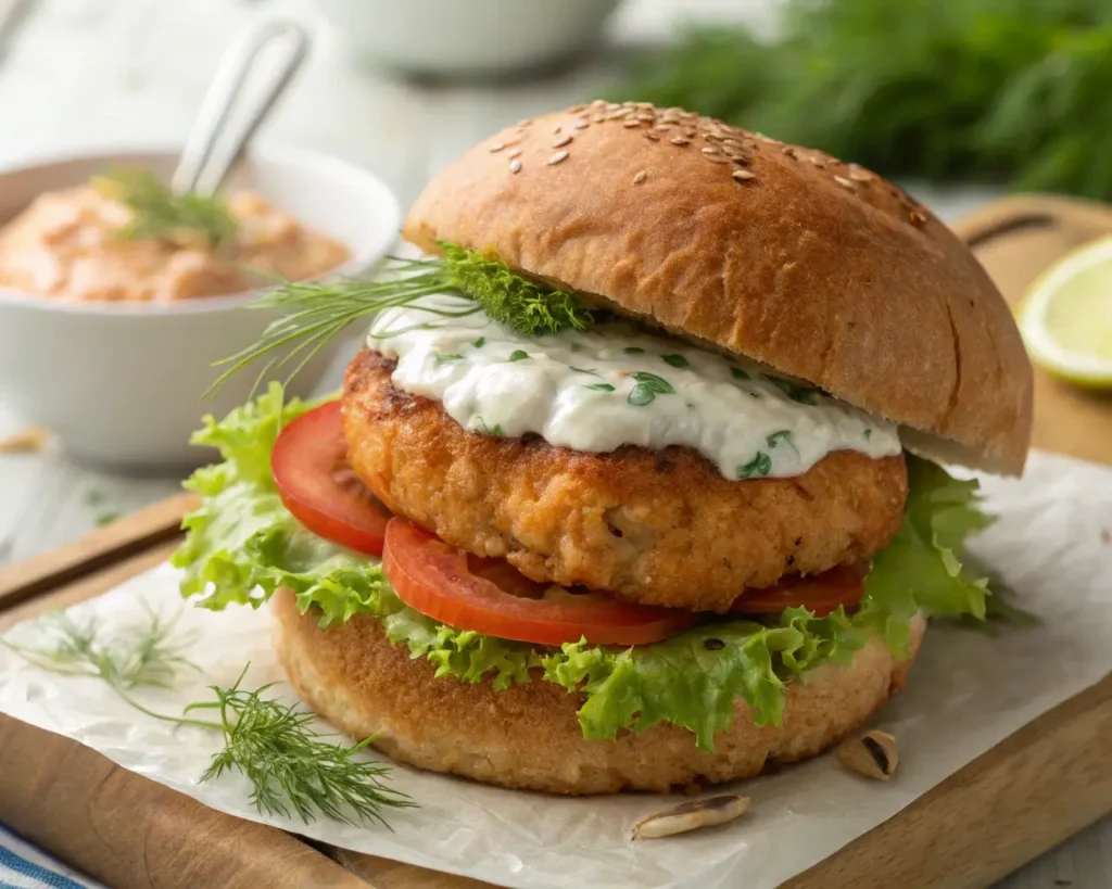 Canned Salmon Burger Recipe – Crispy homemade salmon burger with fresh toppings.