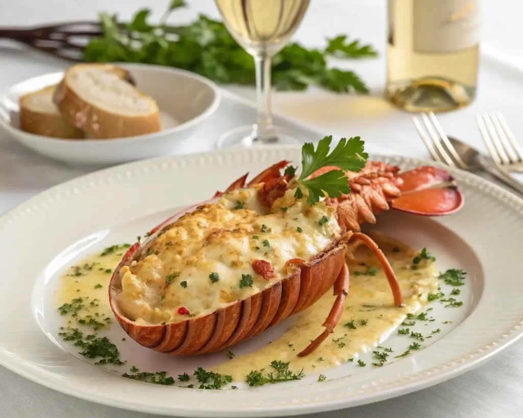 Creamy Lobster Thermidor Recipe with golden cheese crust and fresh parsley garnish