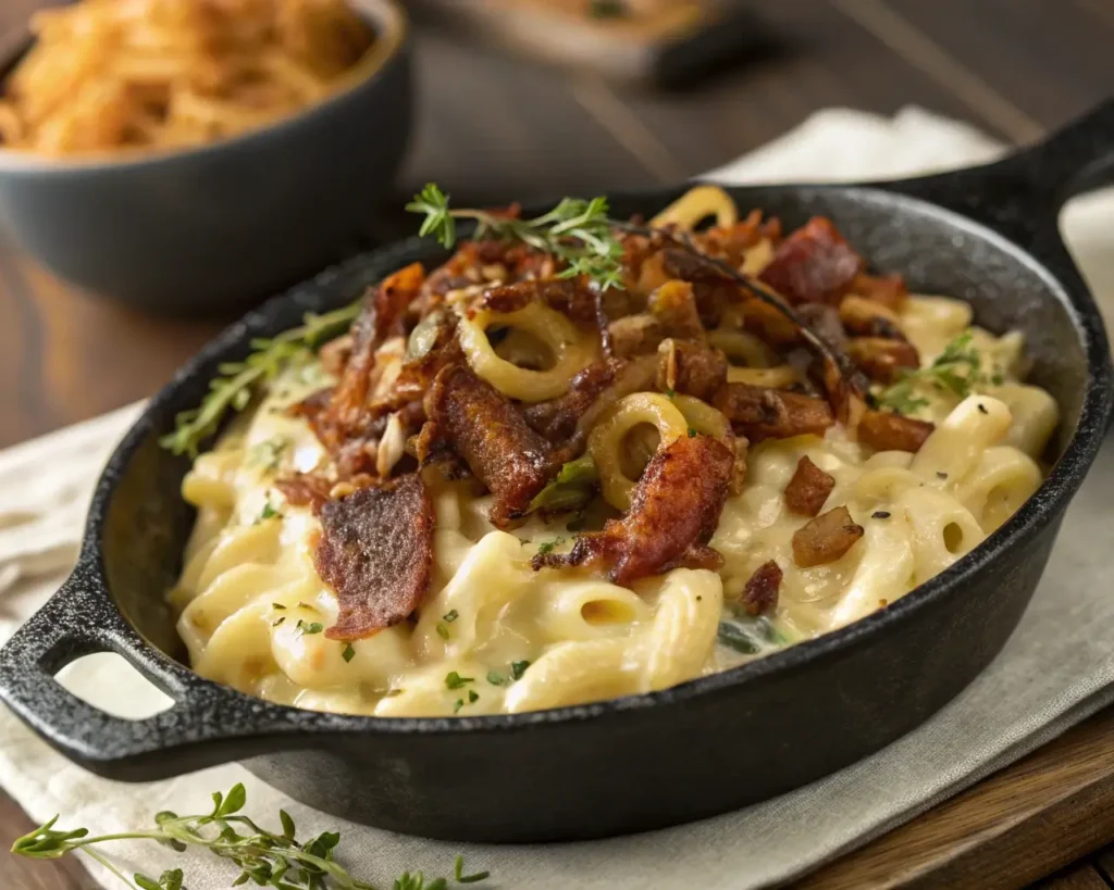 The secret to creamy homemade mac and cheese ingredients with gourmet toppings like bacon and caramelized onions.