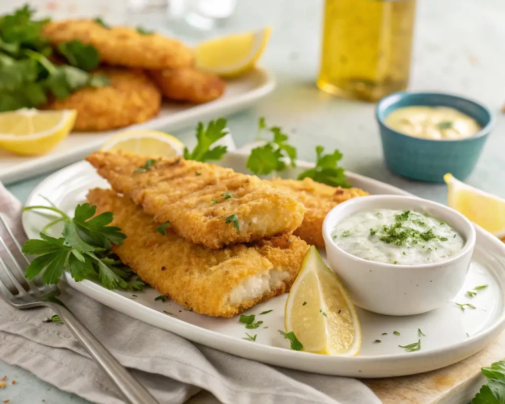 Crispy Air Fryer Fish served with lemon wedges and tartar sauce