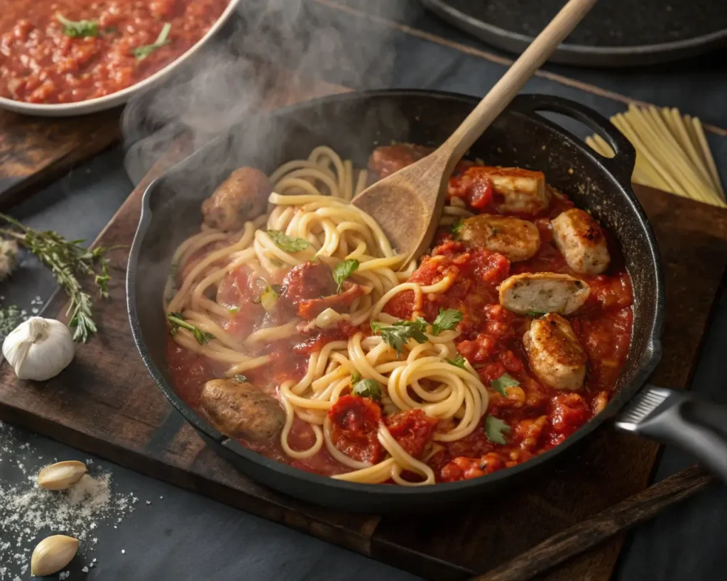 Chicken Sausage Pasta being cooked in a skillet with marinara sauce