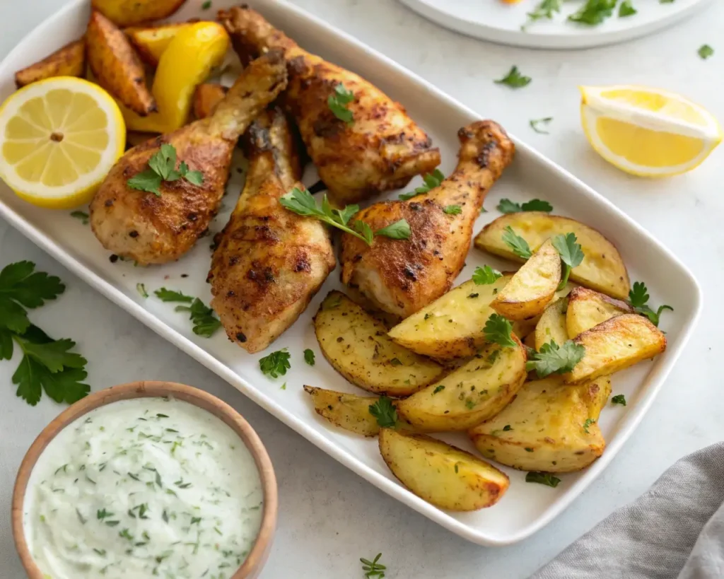 Greek lemon chicken and potatoes with fresh herbs and lemon glaze.