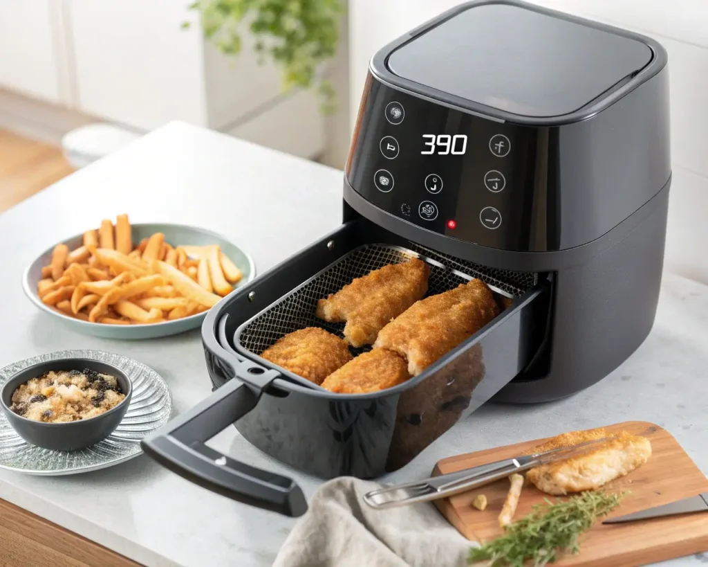 Crispy Air Fryer Fish cooking inside an air fryer basket