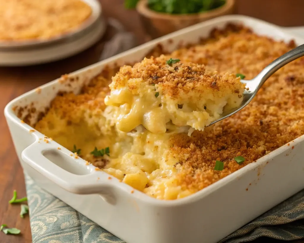 The secret to creamy homemade mac and cheese ingredients in a baked dish with a golden, crispy topping.