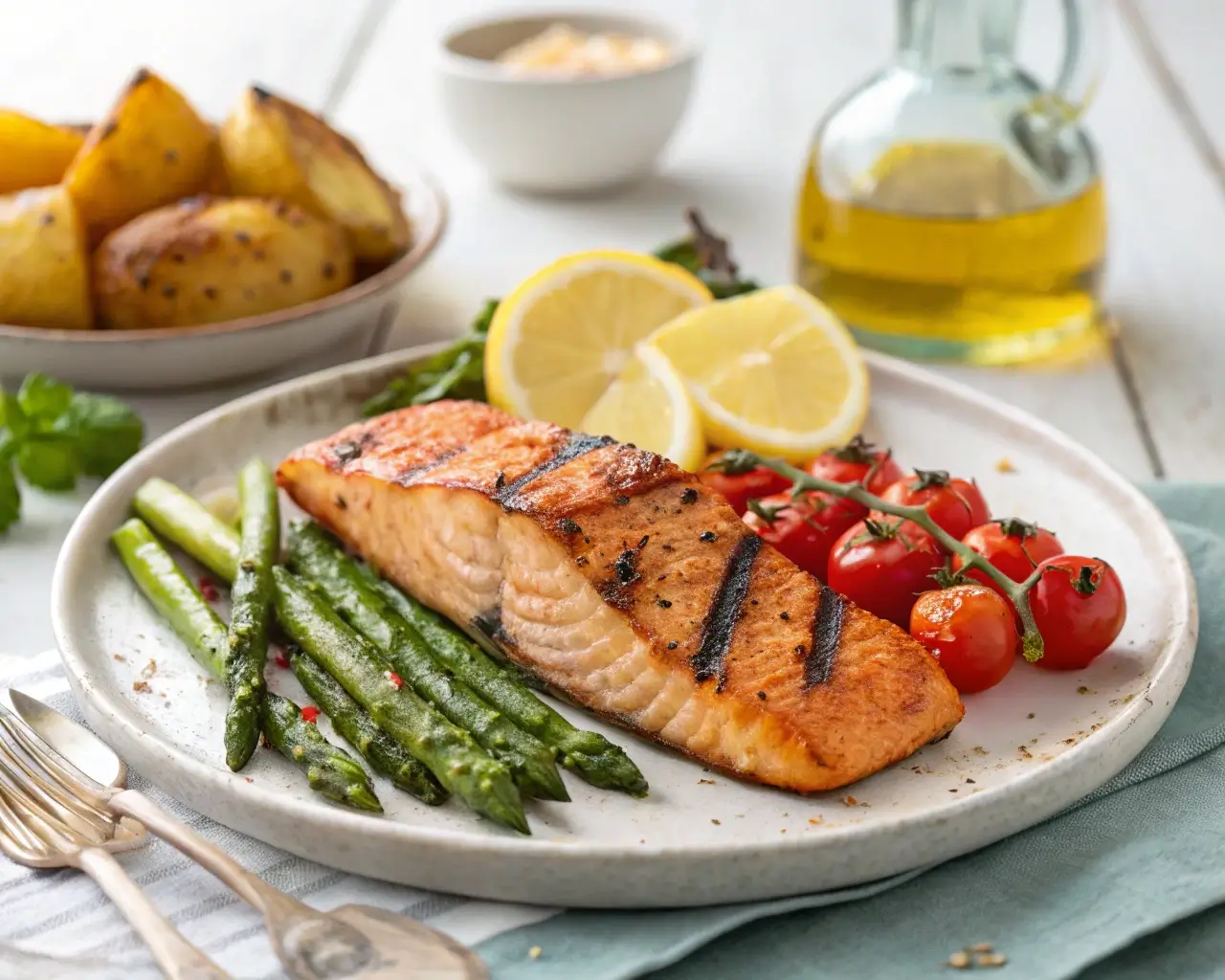 Grilled salmon with vegetables recipe featuring grilled salmon fillet, asparagus, and cherry tomatoes on a white plate.