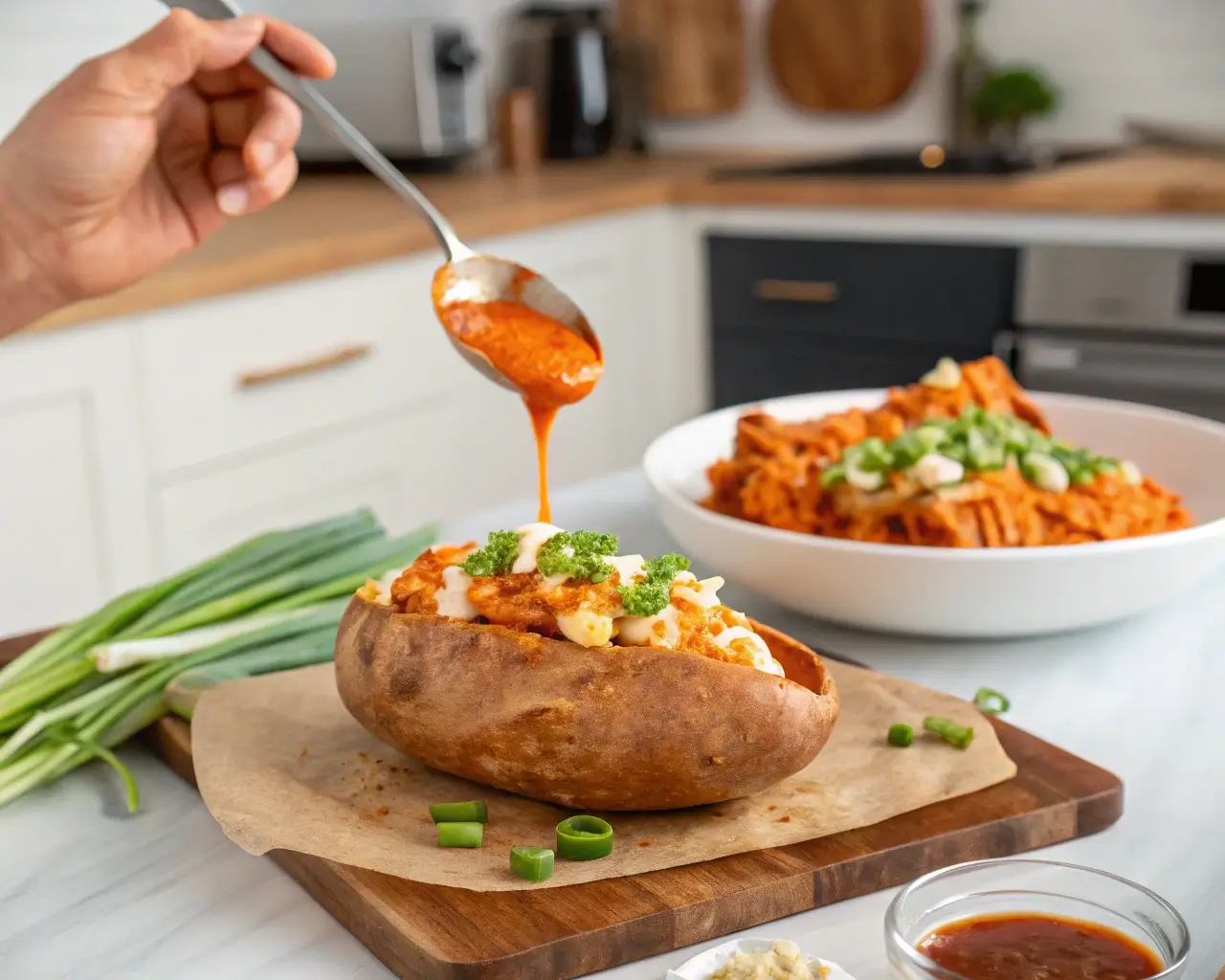 Buffalo chicken stuffed sweet potatoes""Stuffing buffalo chicken into sweet potatoes"