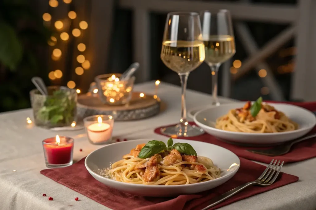 Marry Me Chicken Pasta served at a romantic candle-lit dinner table with white wine and elegant plating.