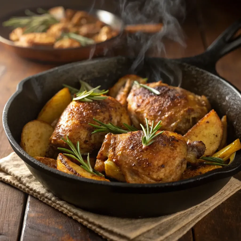 Garlic butter chicken and potato skillet with crispy skin and golden potatoes.