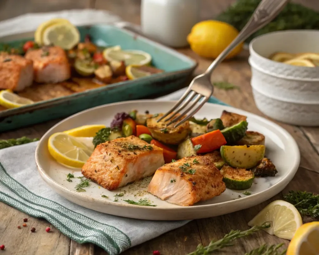 Baked Salmon Bites Recipe served with roasted vegetables and lemon wedges