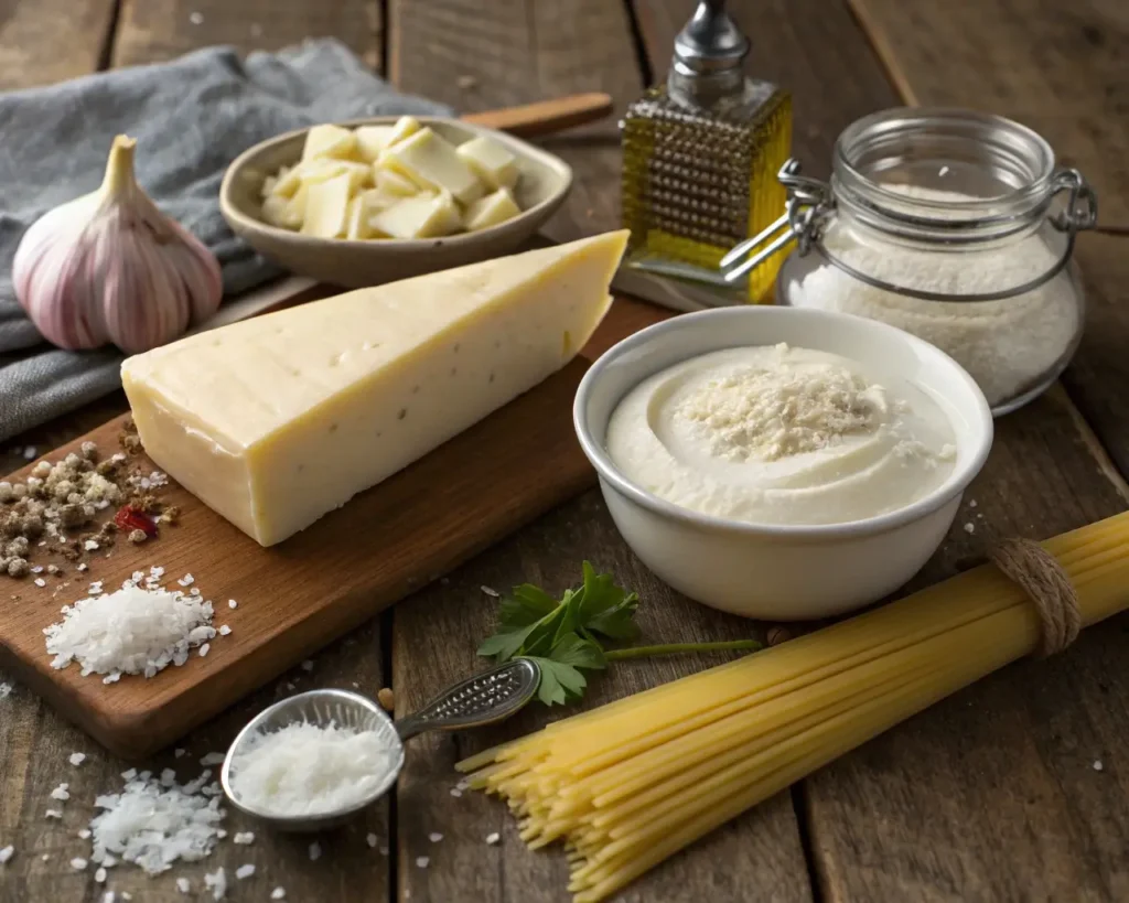 Fresh ingredients for a homemade Alfredo sauce recipe on a wooden table