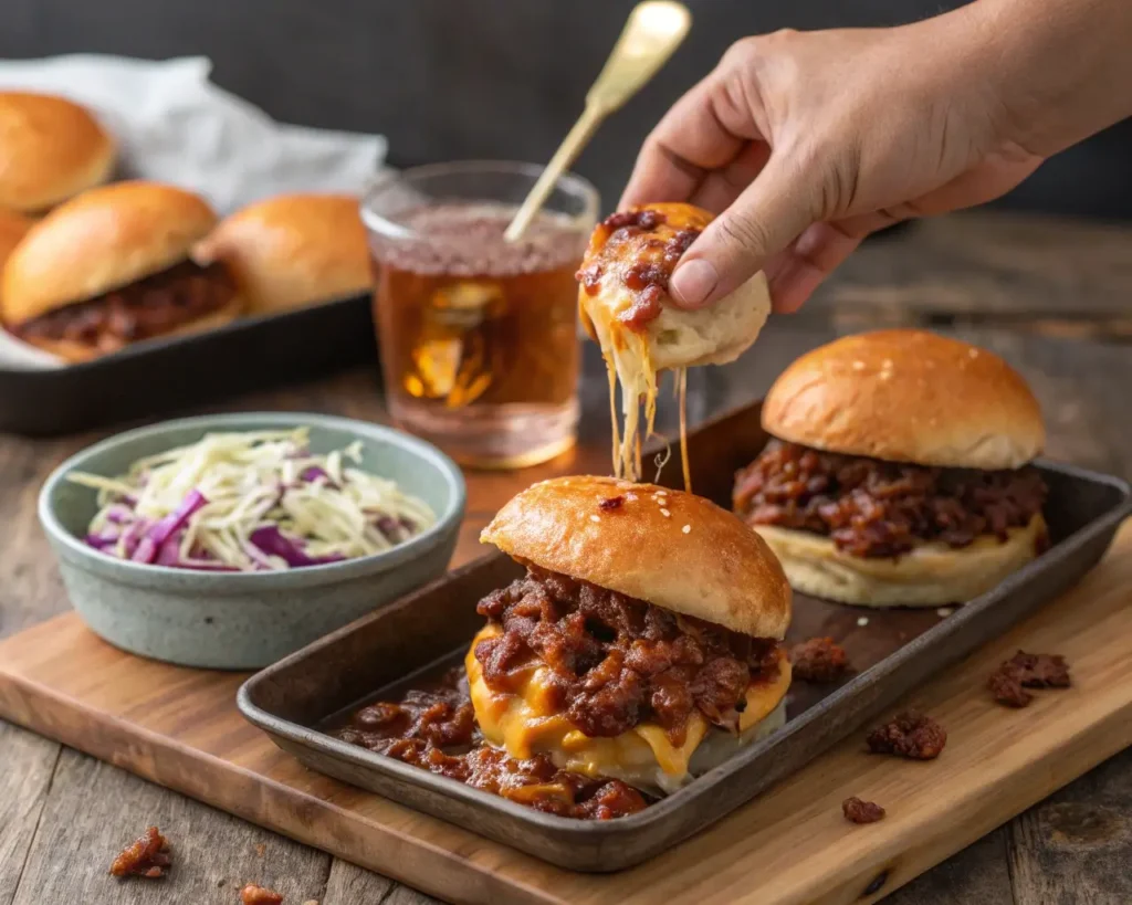 : Sloppy Joe sliders with cheese with gooey melted cheddar stretching from the bun.