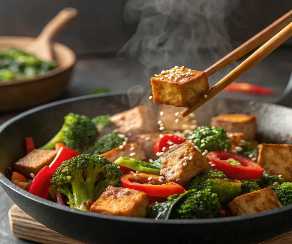 High protein vegetarian foods stir-fry with tofu, tempeh, and fresh vegetables