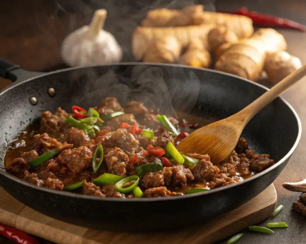 Korean Ground Beef Bowl ingredients cooking in a pan with soy sauce and spices