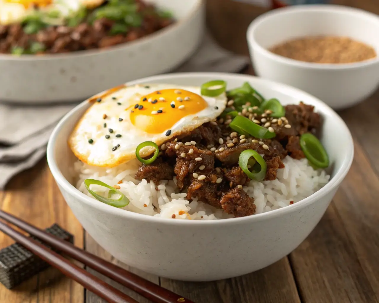 Korean Ground Beef Bowl with rice, egg, and sesame seeds in a white ceramic bowl.