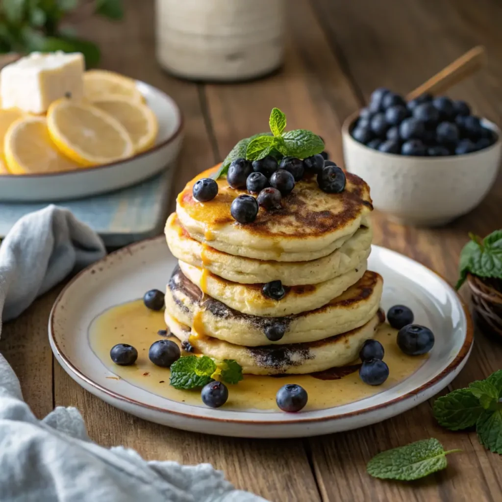 : Easy blueberry lemon ricotta pancakes topped with fresh blueberries