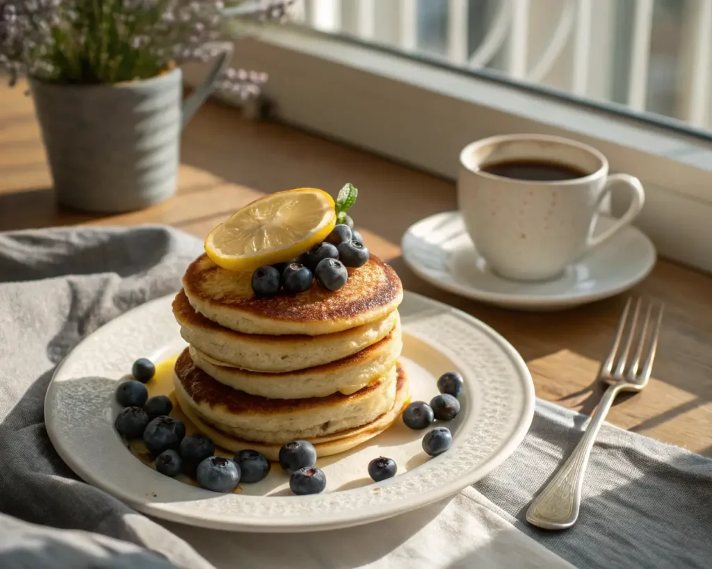 Easy blueberry lemon ricotta pancakes on a white plate with a cup of coffee