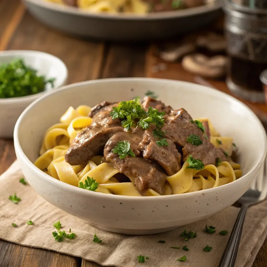 Beef Stroganoff Recipe – Classic beef stroganoff with creamy sauce and egg noodles