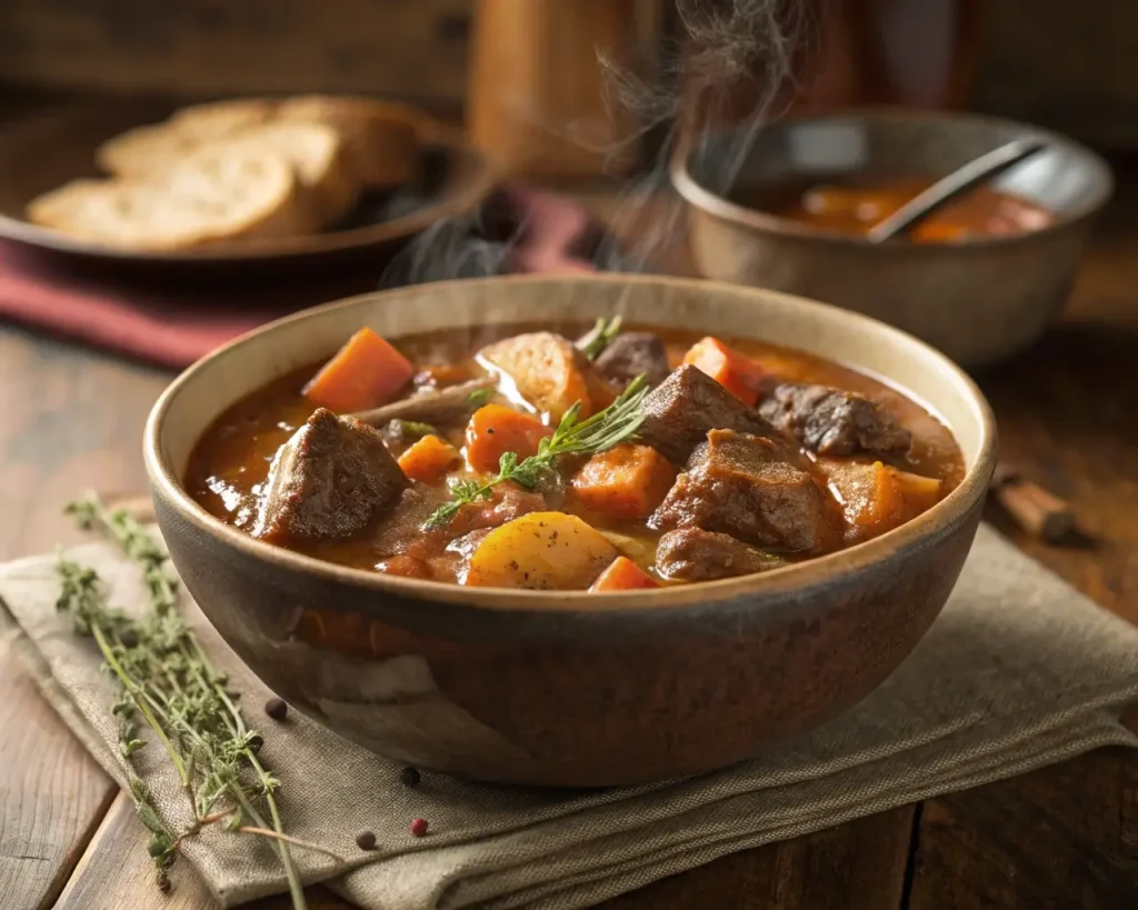 Classic Slow Cooker Beef Stew served in a rustic bowl with fresh herbs.