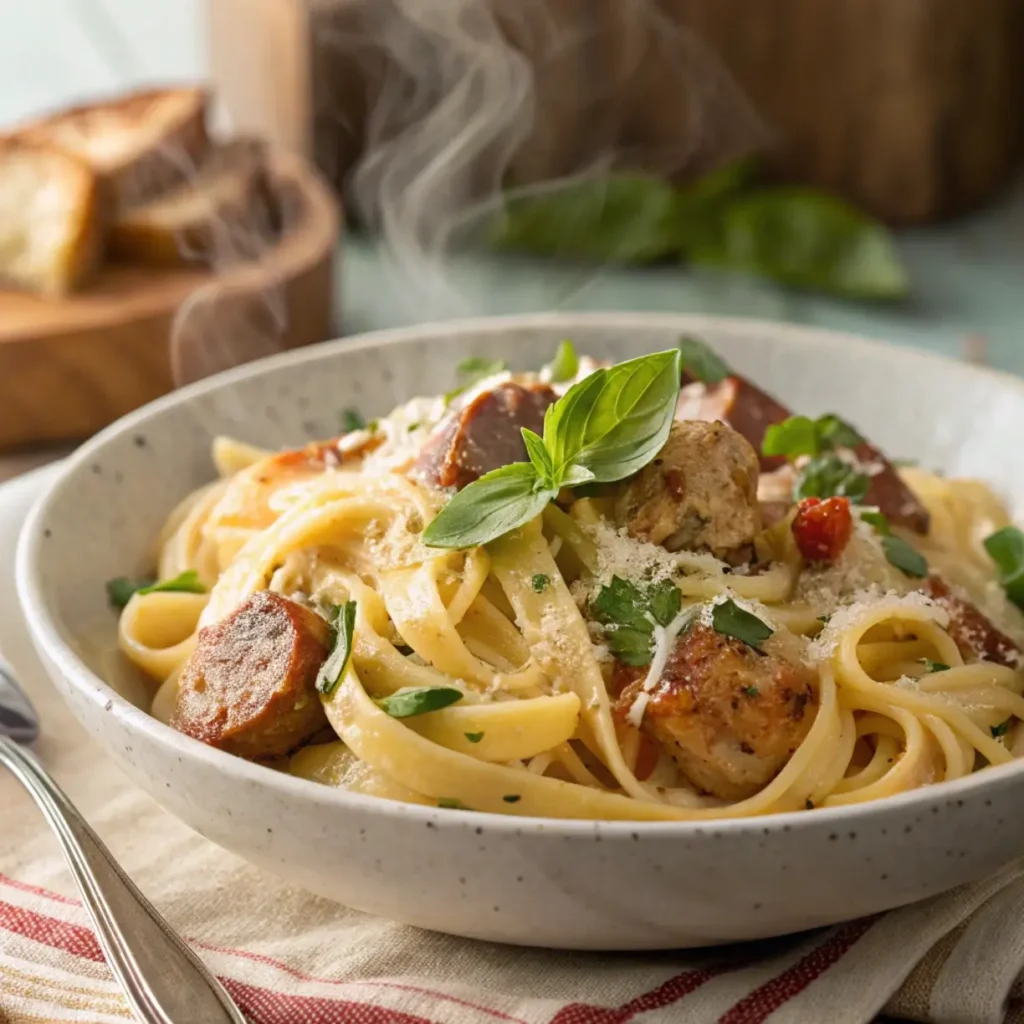 Chicken Sausage Pasta served with Parmesan and basil on a rustic plate