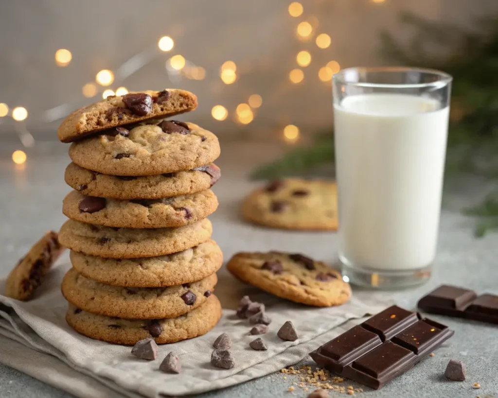 Soft Chocolate Chip Cookies That Everyone Loves stacked beside a glass of milk.