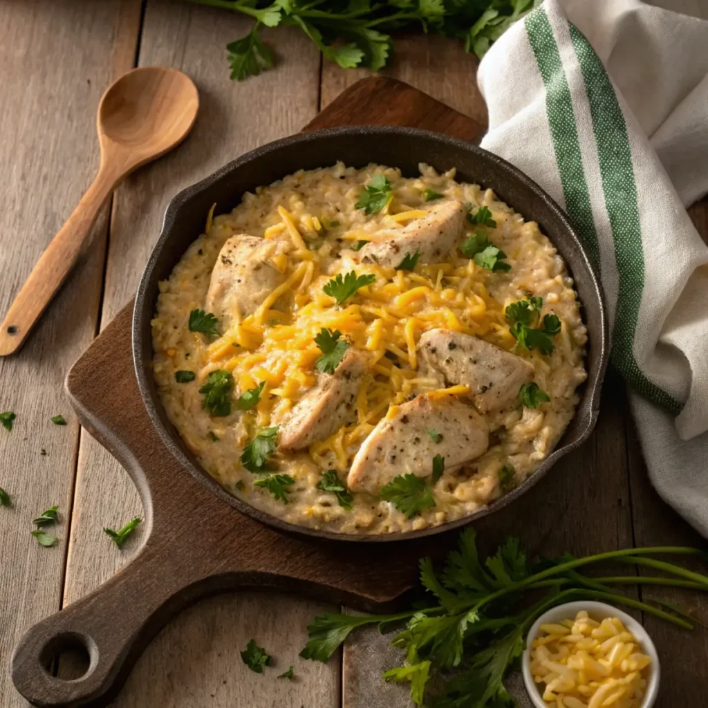 Creamy Ranch Chicken and Rice with melted cheese in a rustic skillet.