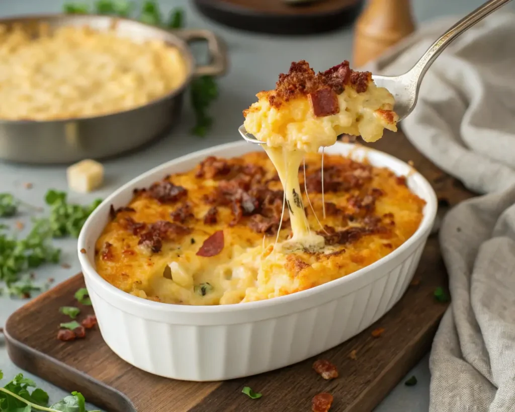 aked Loaded Cauliflower Mac and Cheese in a casserole dish with crispy cheese crust