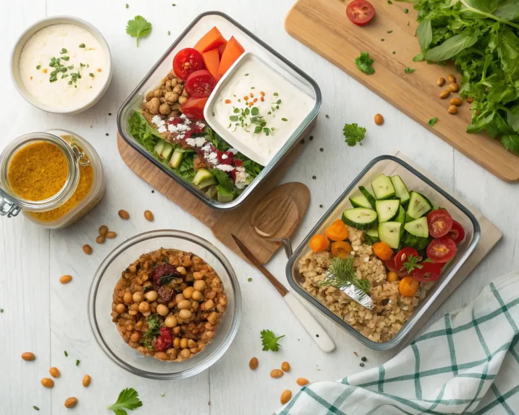 High protein vegetarian foods in a well-organized meal prep layout with tempeh, quinoa, and lentils.