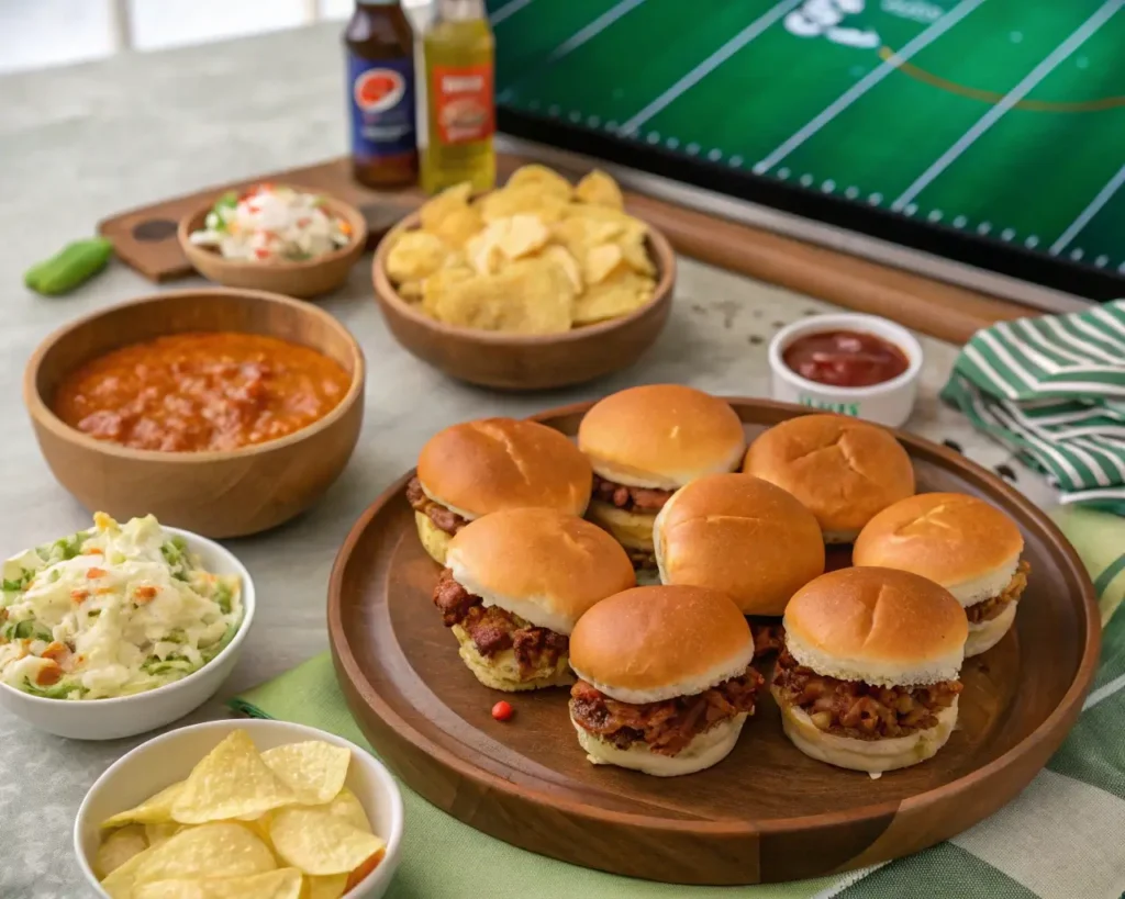 A party platter of Sloppy Joe sliders with cheese, served with chips and dips.