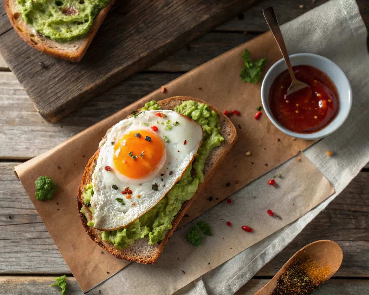 Easy Avocado Toast with Fried Egg and Sriracha on sourdough bread, topped with a runny yolk and spicy Sriracha drizzle.