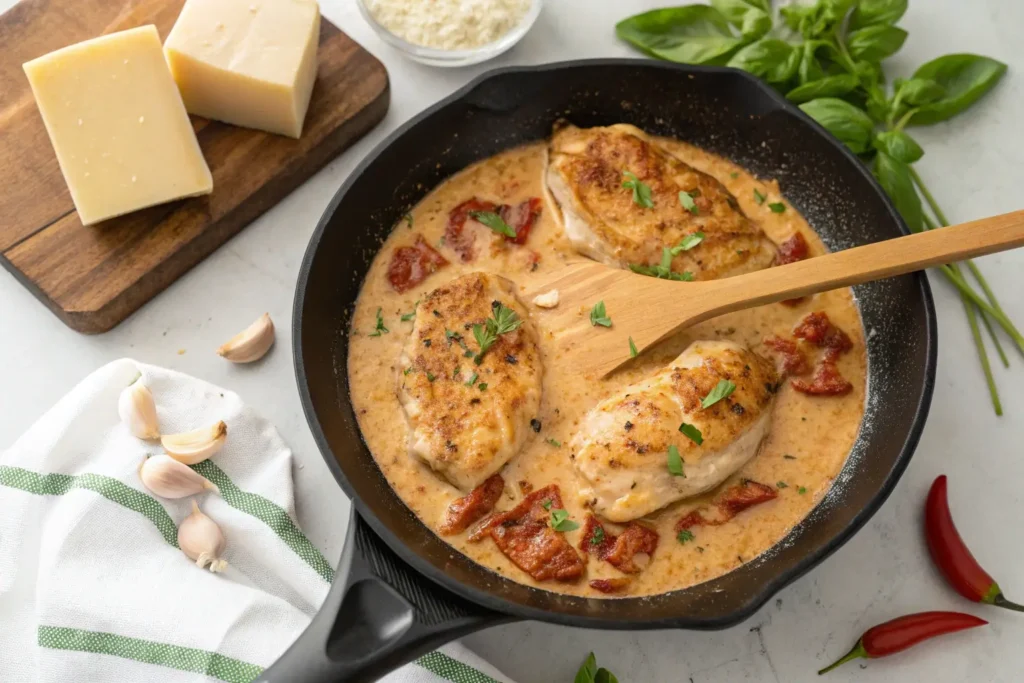 Marry Me Chicken Pasta being cooked in a skillet with creamy garlic parmesan sauce, sun-dried tomatoes, and tender chicken.