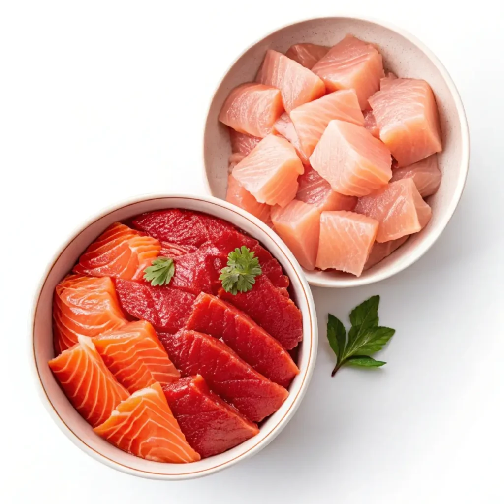 Red vs Pink Canned Salmon for Loaf – Side-by-side comparison of red and pink canned salmon textures and colors.