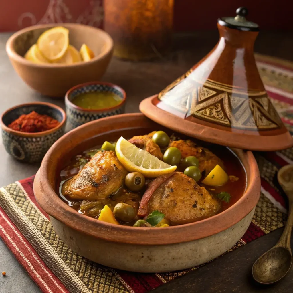 Authentic chicken tagine recipe in a traditional Moroccan clay tagine with preserved lemons and olives.