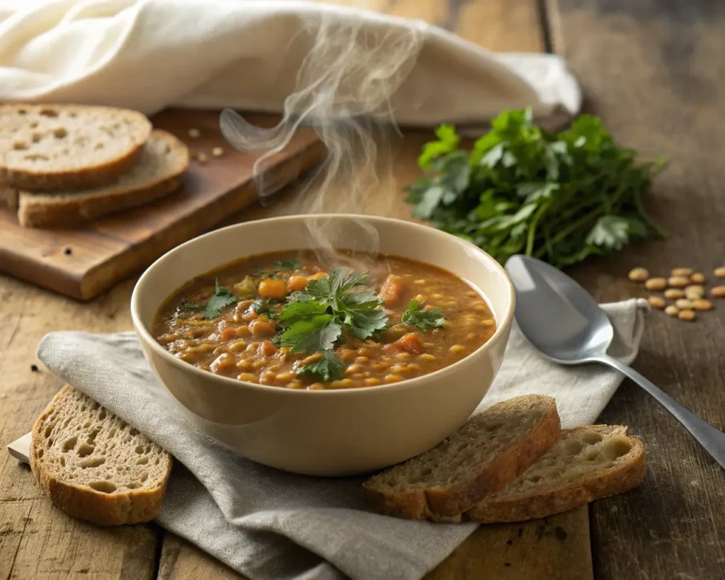 Alt Text: 10 quick vegetarian dinner recipes – Hearty Lentil Soup with fresh herbs and rustic presentation