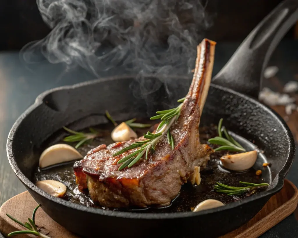 Pan Seared Lamb Chops Sizzling in Cast Iron Skillet