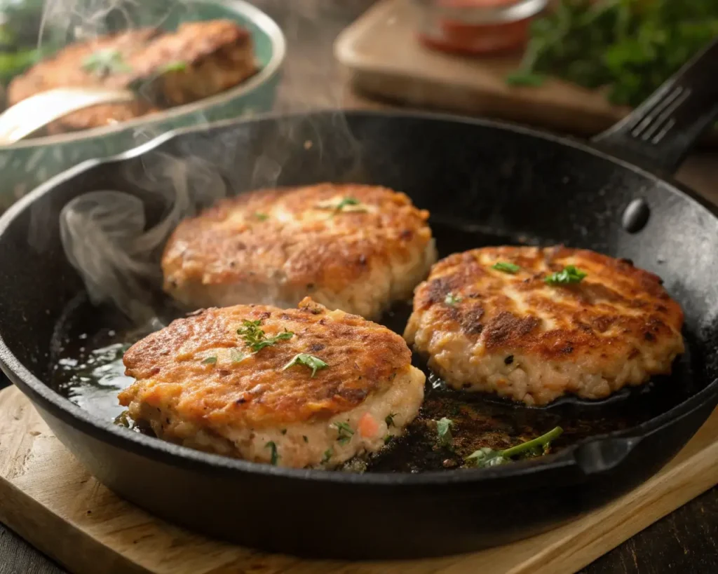 Canned Salmon Burger Recipe – Golden-brown salmon patties cooking in a skillet.