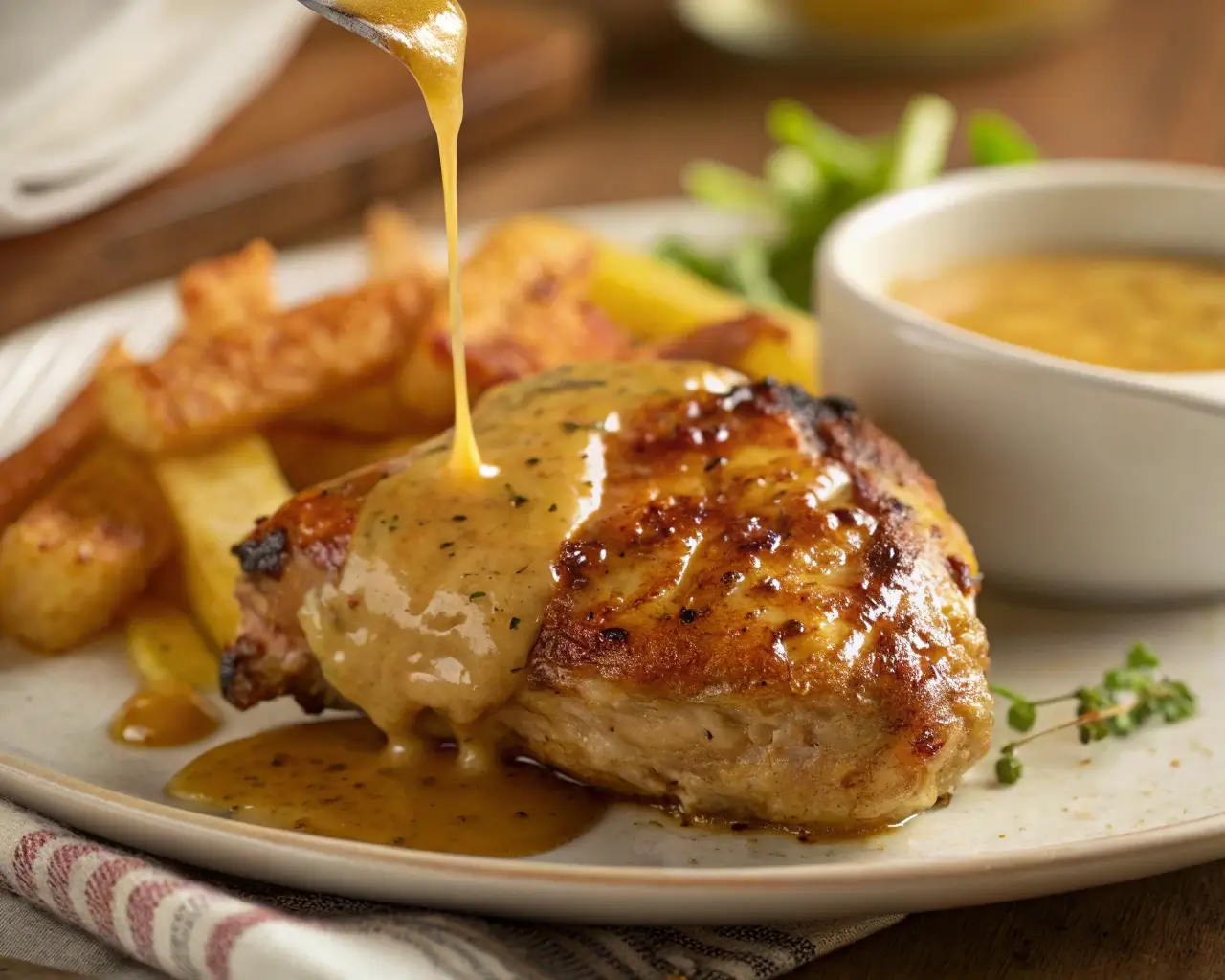 honey mustard chicken with golden glaze and dripping sauce