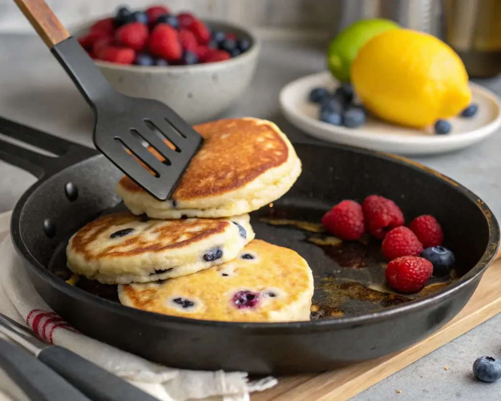 Flipping easy blueberry lemon ricotta pancakes in a skillet