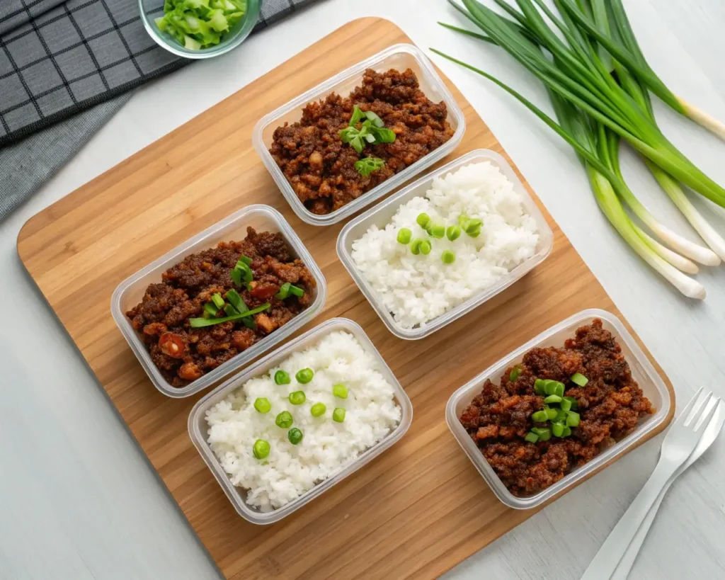 Korean Ground Beef Bowl meal prep containers with rice and green onions.